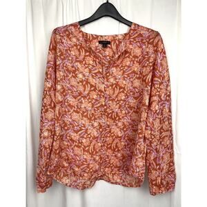 J.CREW Women’s Orange Floral Long Sleeve Ramie Tunic Top in Painted Block Size L
